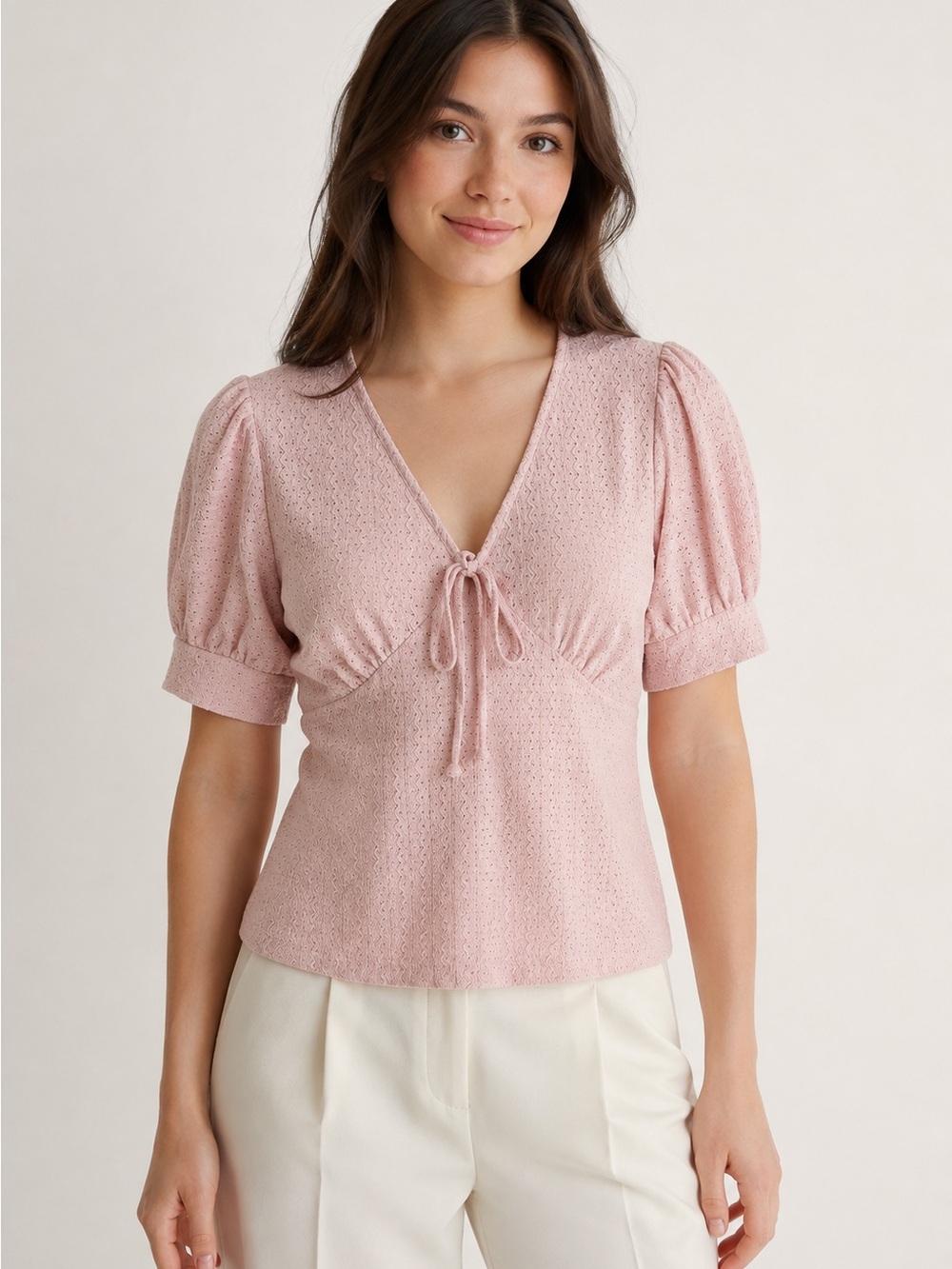 Tie-Front Puff Sleeve Blouse in Soft Pink